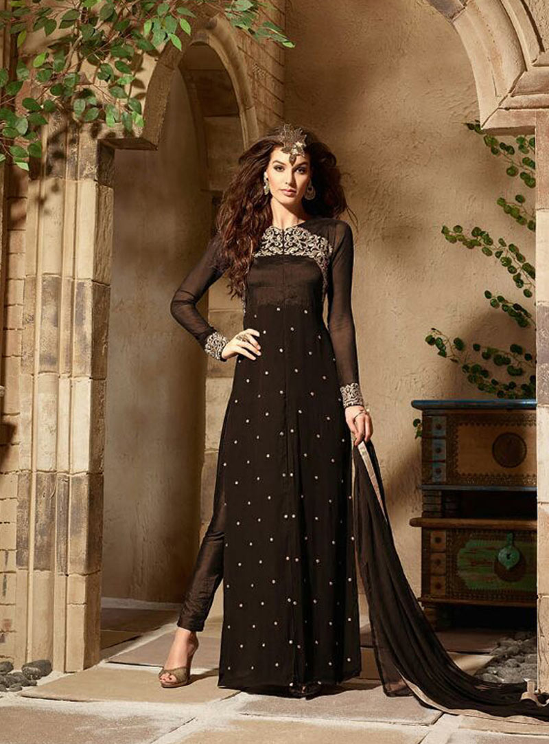 Brown Georgette Pakistani Style Suit 77058