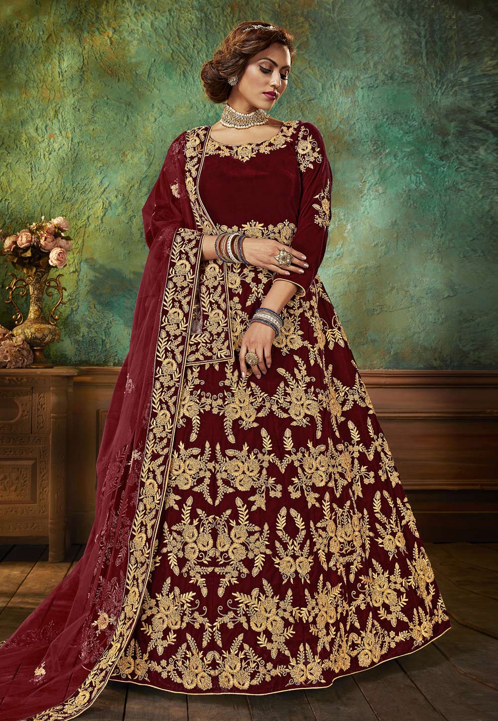 Maroon Embroidered Velvet Long Anarkali Suit 219232