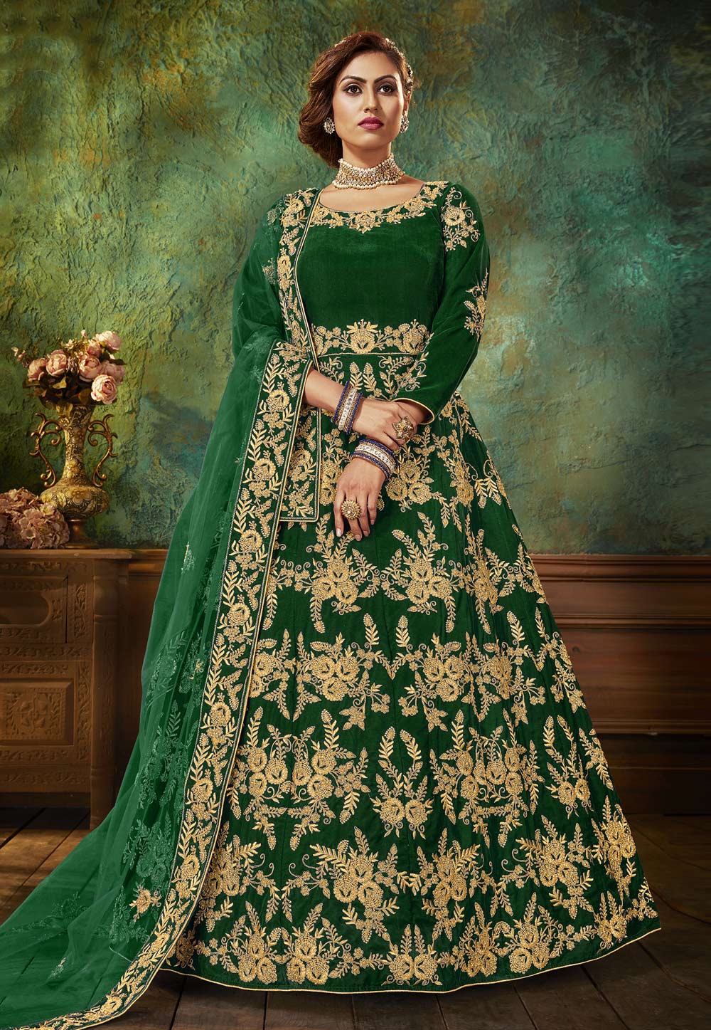 Green Velvet Abaya Style Anarkali Suit 219233