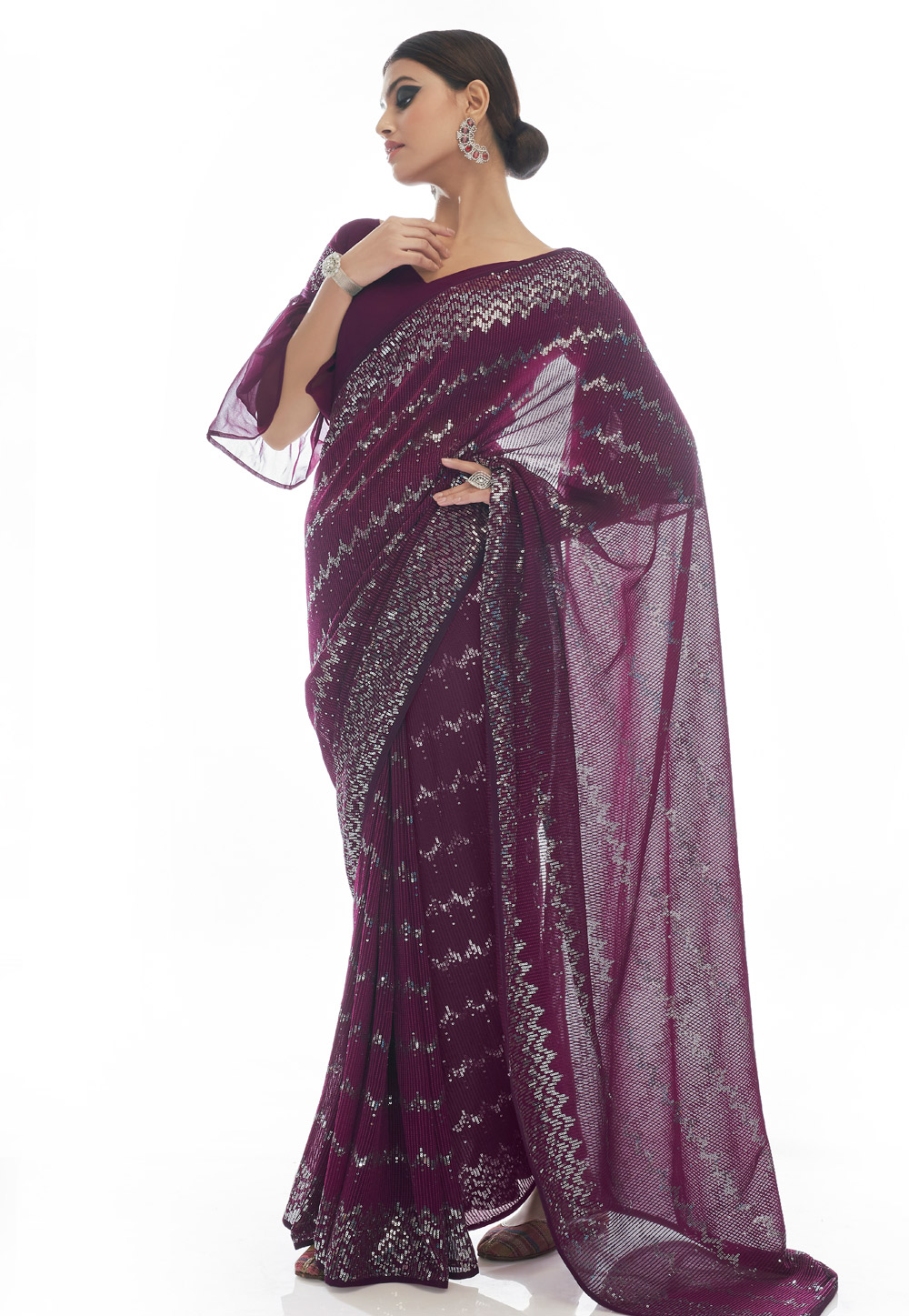 Purple Georgette Sequence Saree With Blouse 247091