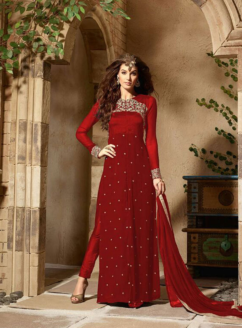 Red Georgette Pakistani Style Suit 77060