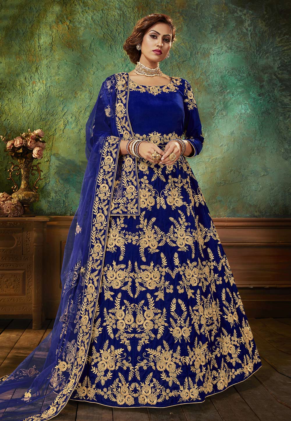 Blue Velvet Embroidered Long Anarkali Suit 219234