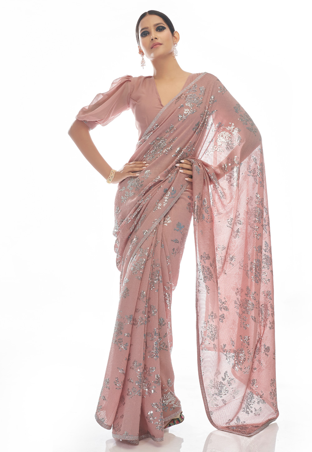 Peach Georgette Sequence Saree With Blouse 247093