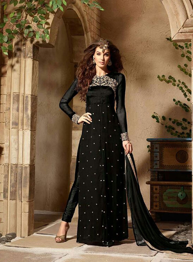 Black Georgette Pakistani Style Suit 77062