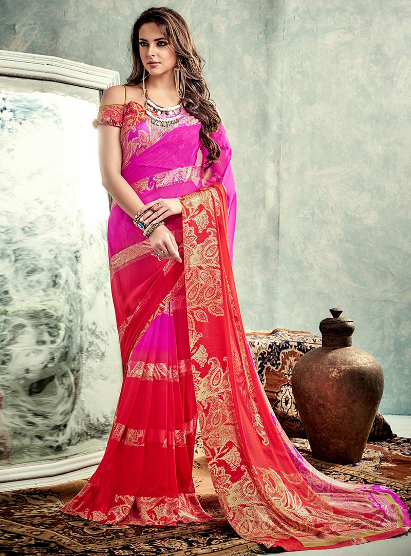 Magenta Satin Printed Saree With Blouse 89896