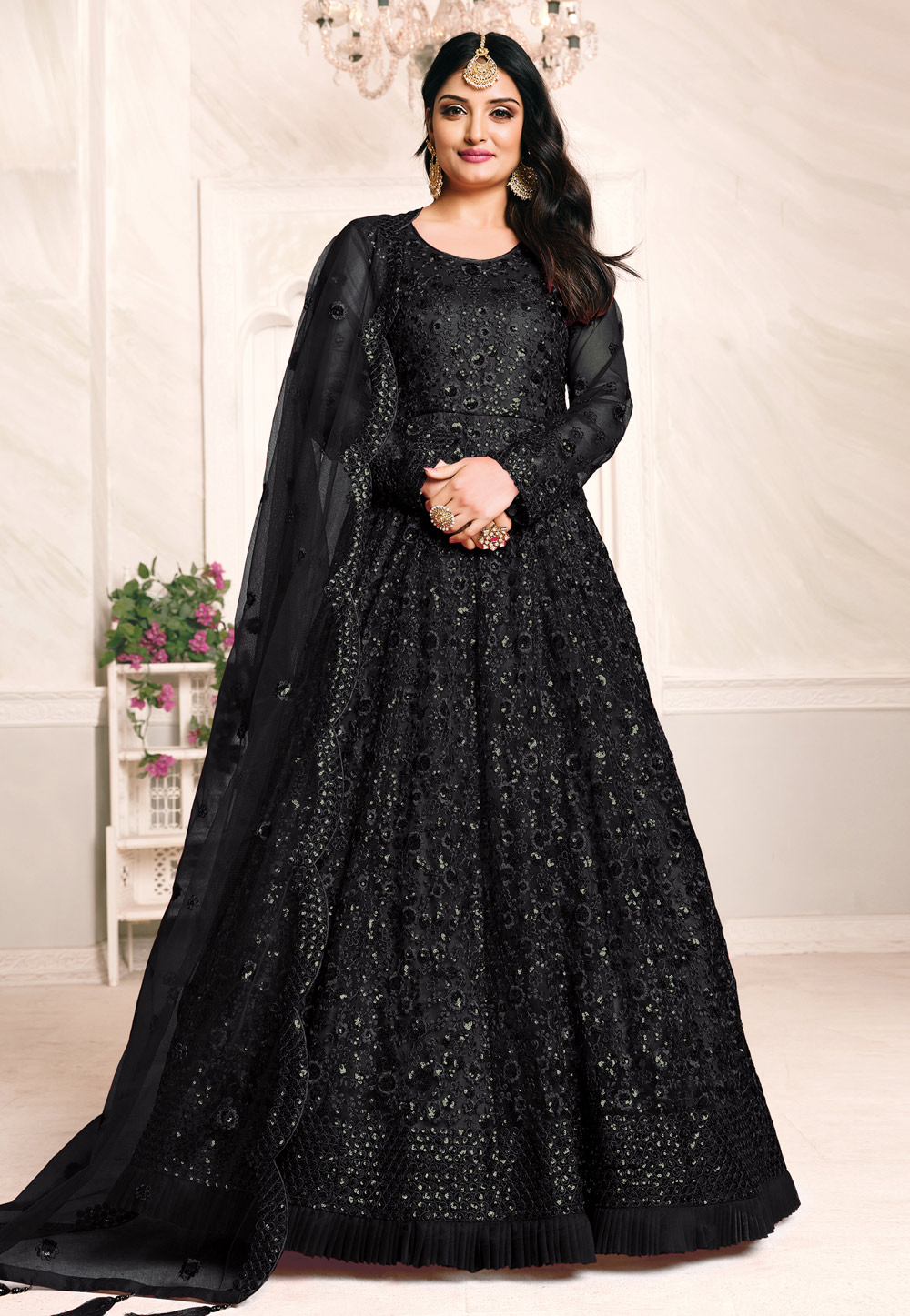 Black raw silk and round net embroidered semi stitiched party wear gown -  FABBOOM - 1204844