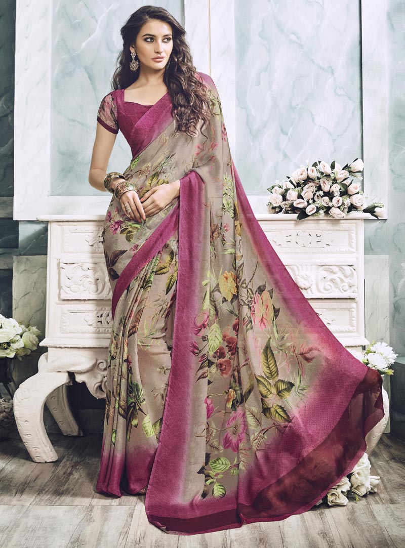 Beige Georgette Printed Saree With Blouse 85034