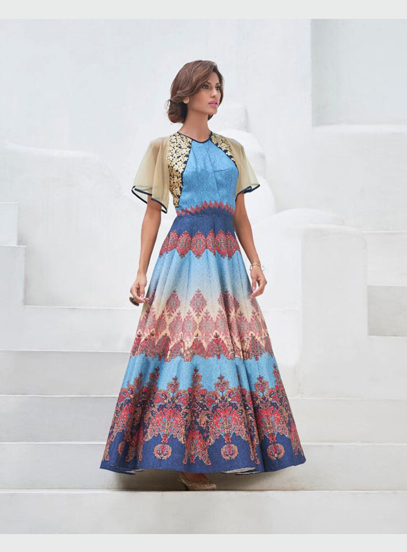 Sky Blue Satin Silk Designer Gown 77525