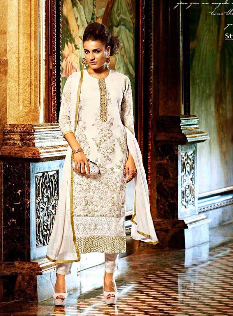 Off White Georgette Pakistani Style Suit 63318