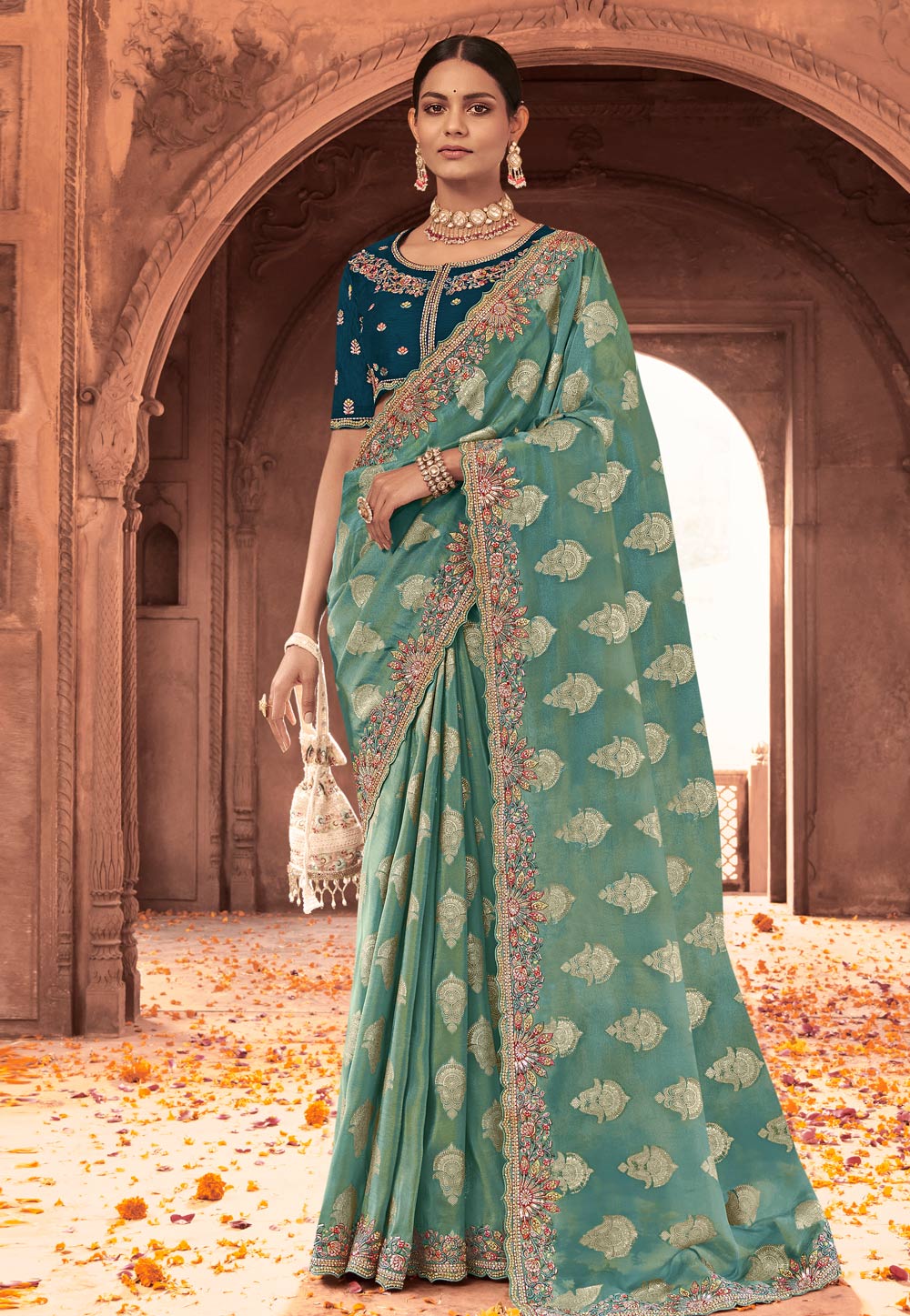 Sea Green Viscose Jacquard Saree With Blouse 261051
