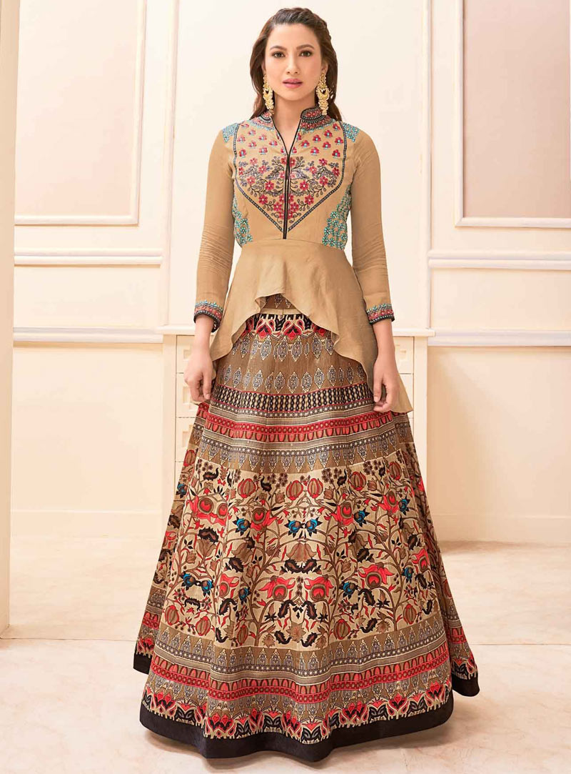 Gauhar Khan Brown Banglori Silk Designer Jacket Style Lehenga Choli 85823