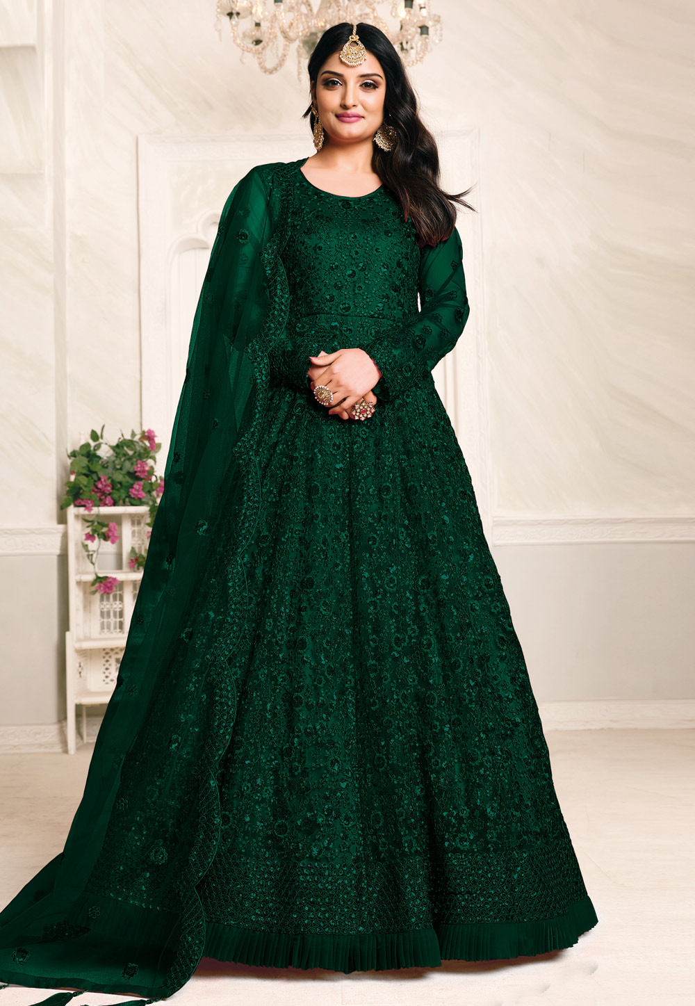 Green Net Abaya Style Anarkali Suit 221704