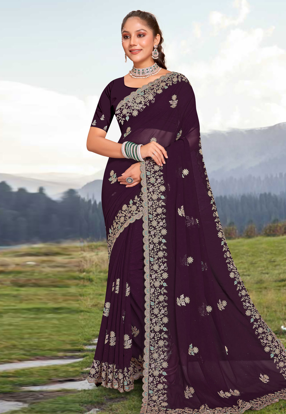 Wine Georgette Saree With Blouse 273926
