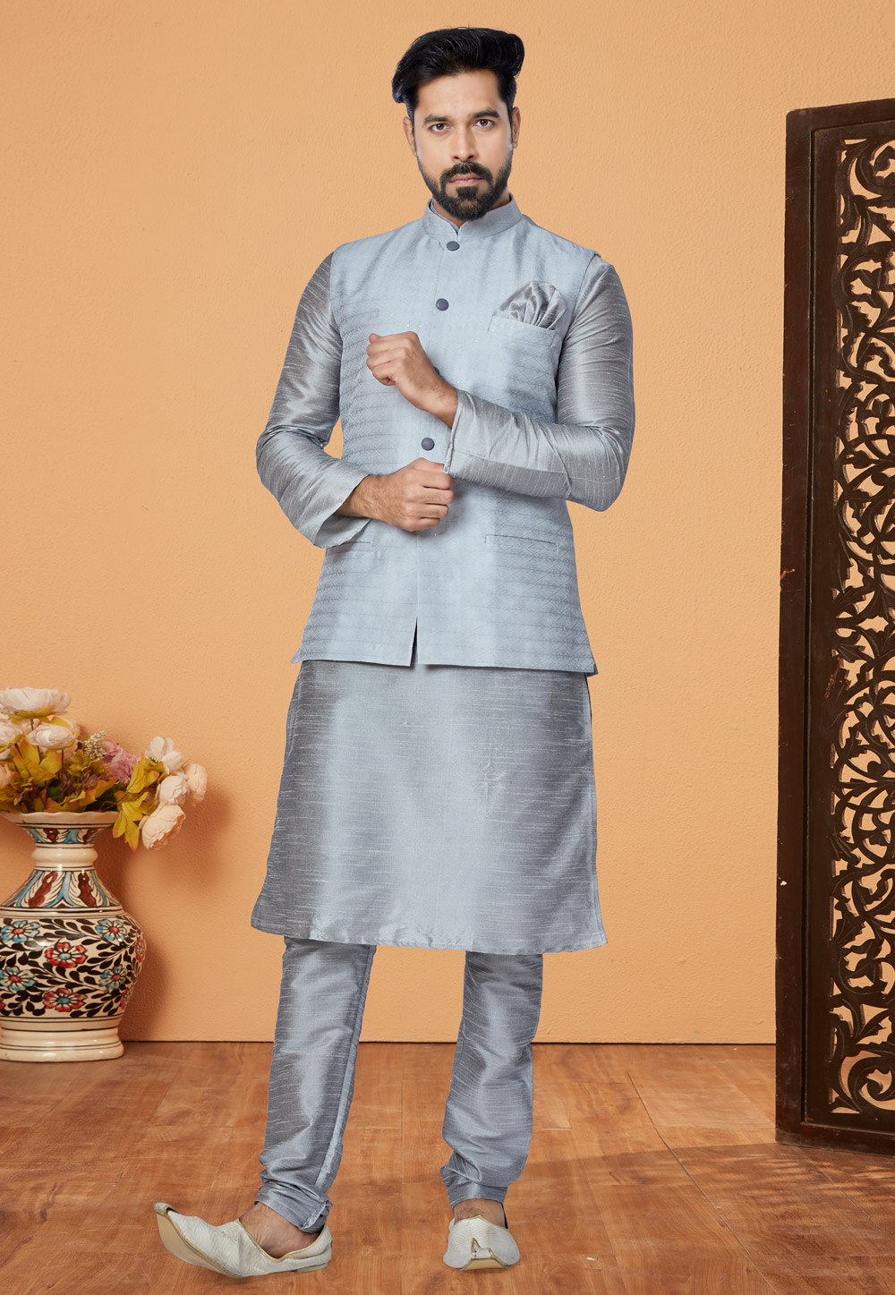 Grey Banarasi Kurta Pajama With Jacket 268562