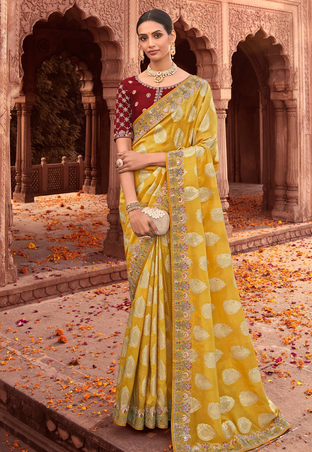 Mustard Viscose Jacquard Saree With Blouse 261052