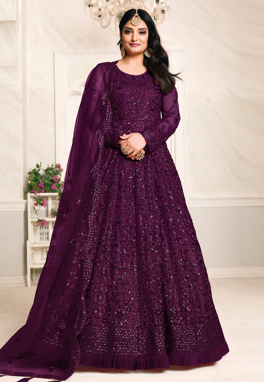 Purple Net Embroidered Long Anarkali Suit 221705