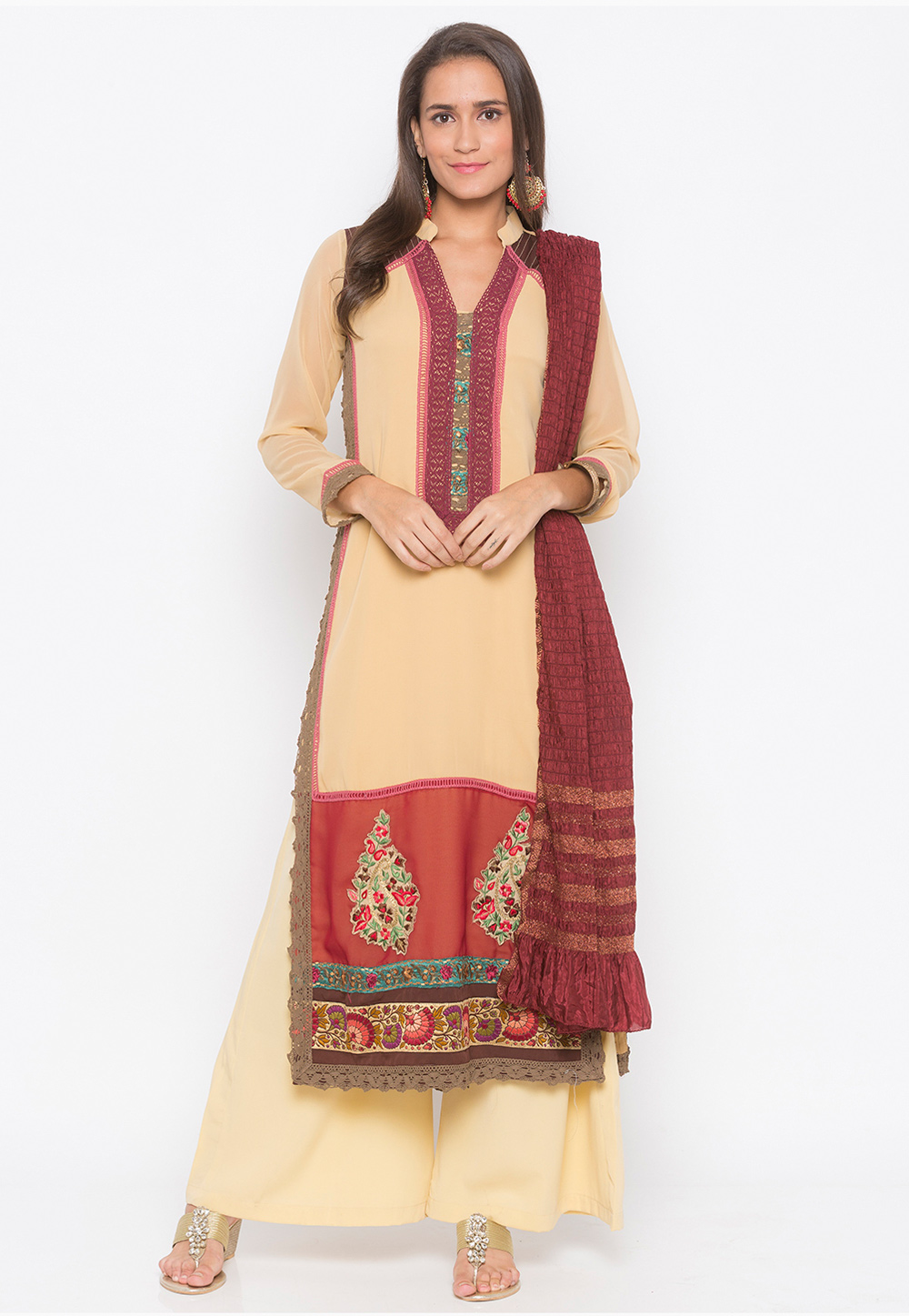 Beige Georgette Readymade Kameez With Palazzo 246160