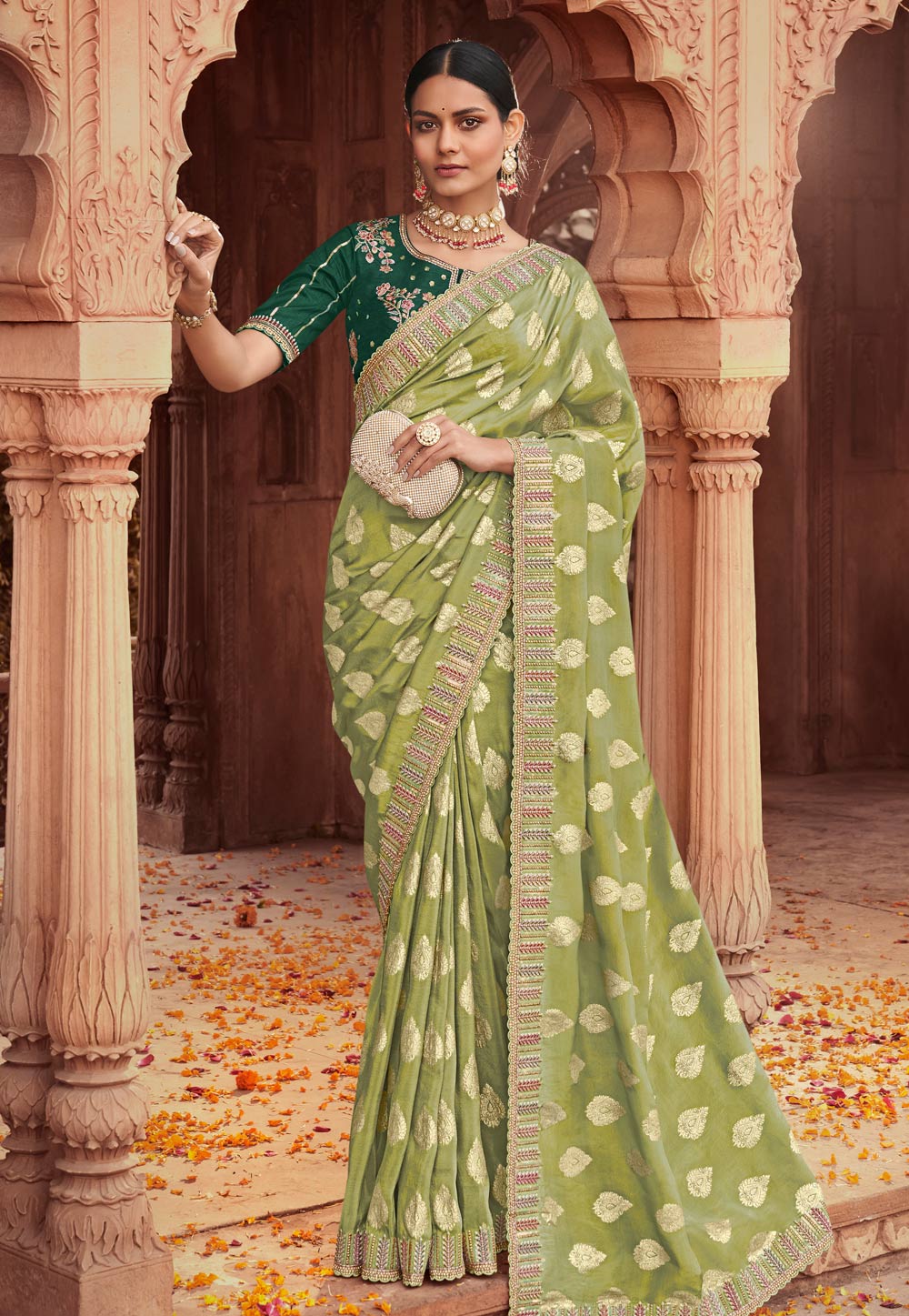 Light Green Viscose Jacquard Saree With Blouse 261053