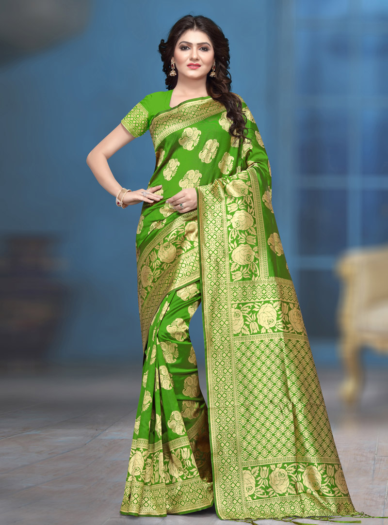 Green Jacquard Silk Saree With Blouse 153407