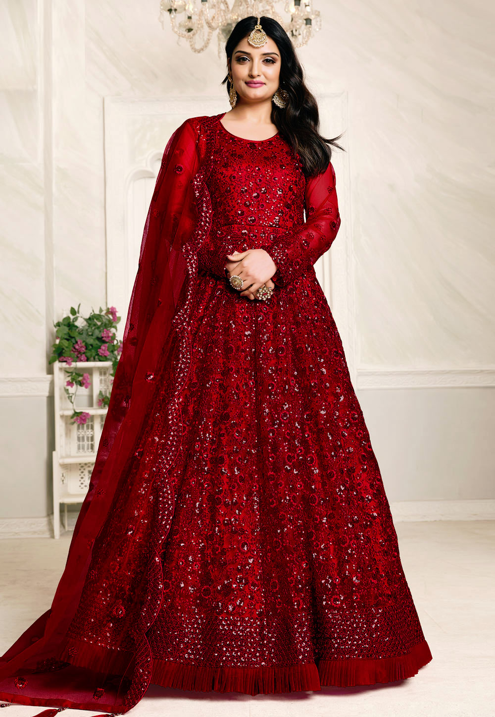 Red Net Embroidered Long Anarkali Suit 221706
