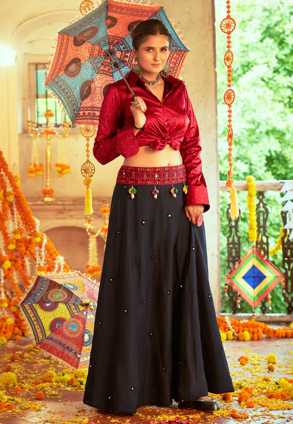 Black georgette readymade lehenga, checked deisgn skirt in square & round  shape stone & v-necked stone work crop top