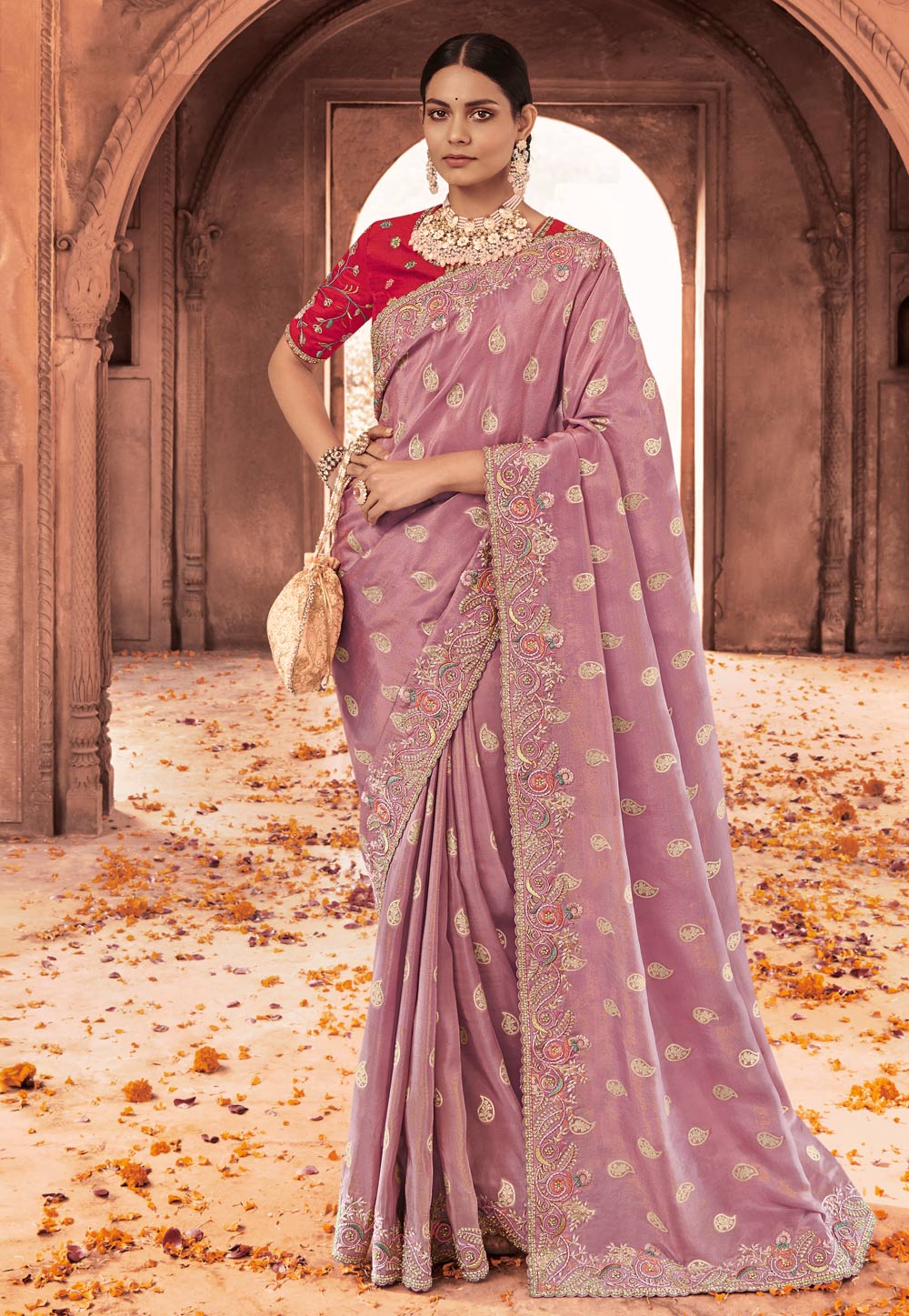 Pink Viscose Jacquard Saree With Blouse 261054