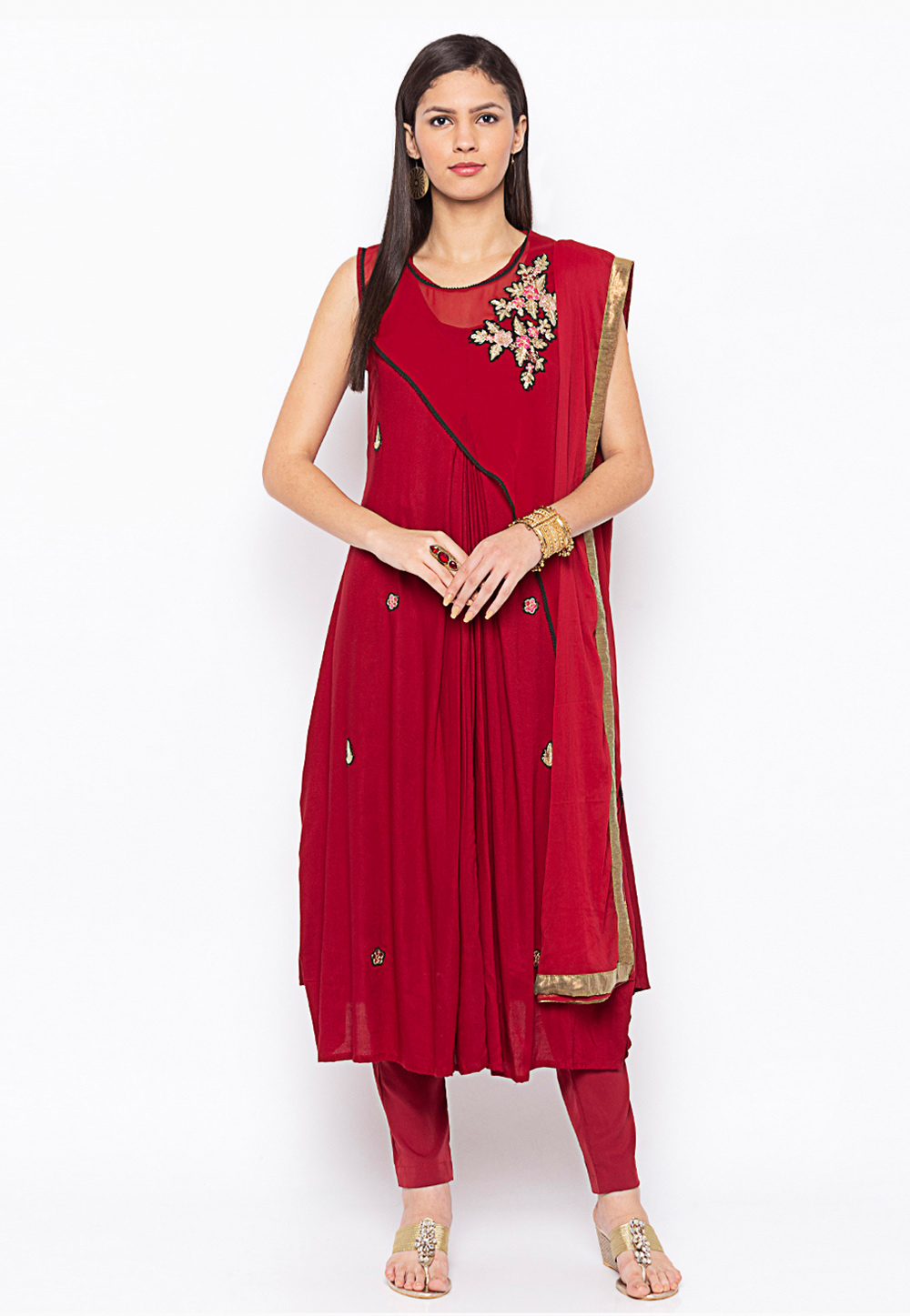 Maroon Cotton Readymade Kameez With Pant 235561