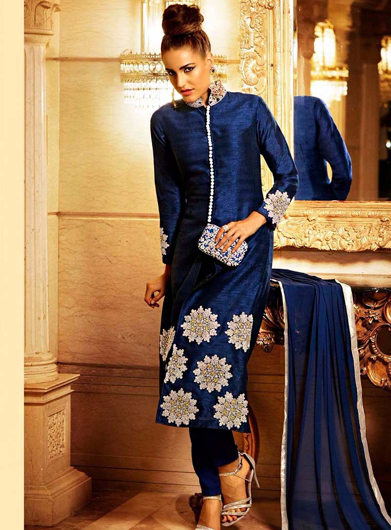 Blue Bhagalpuri Silk Pakistani Style Suit 63325