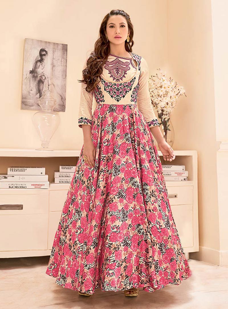 Gauhar Khan Pink Taffeta Silk Ankle Length Anarkali Suit 85827