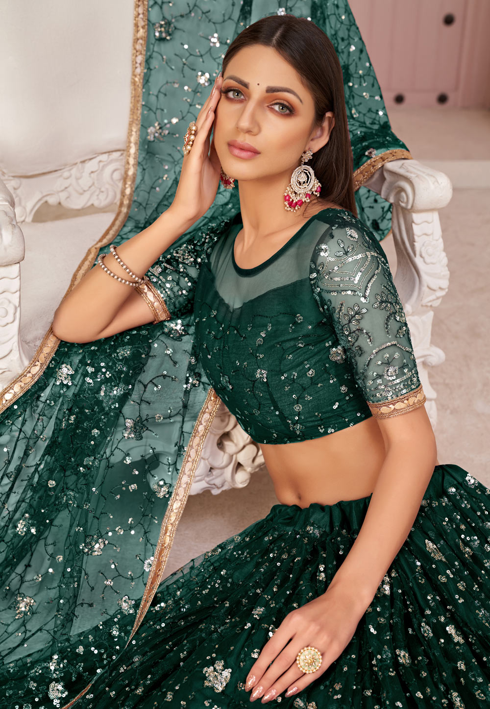 Dark green outlet net lehenga