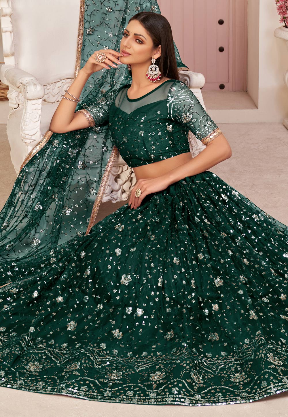 Dark green hotsell net lehenga