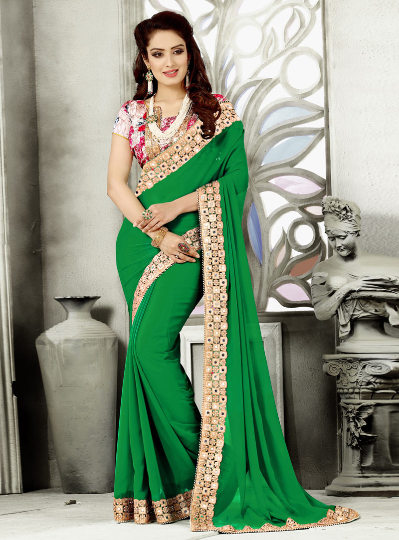 Green Georgette Patch Lace Work Saree 87197