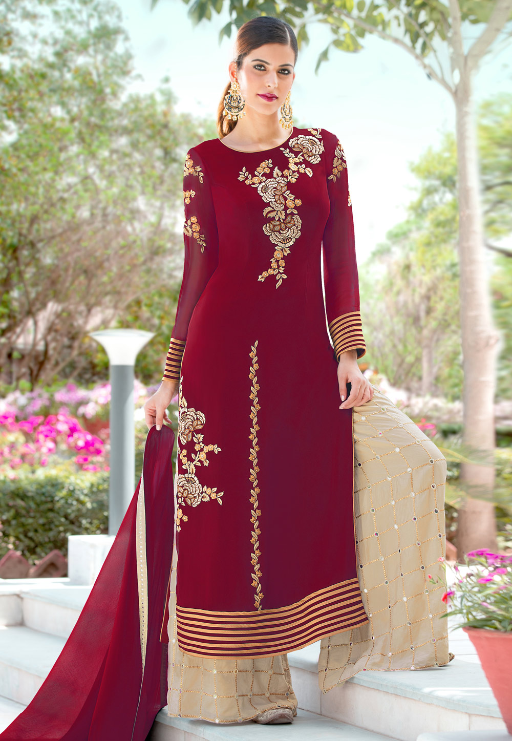 Maroon Faux Georgette Palazzo Style Suit 126967