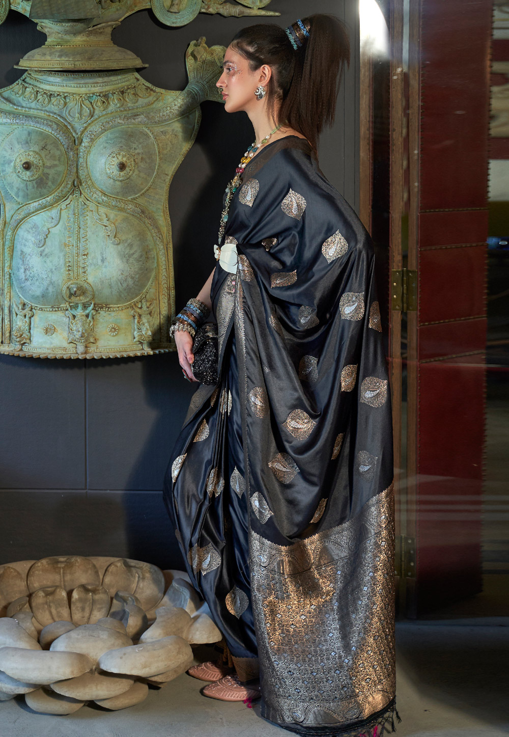 Black Nylon Saree With Blouse 268332