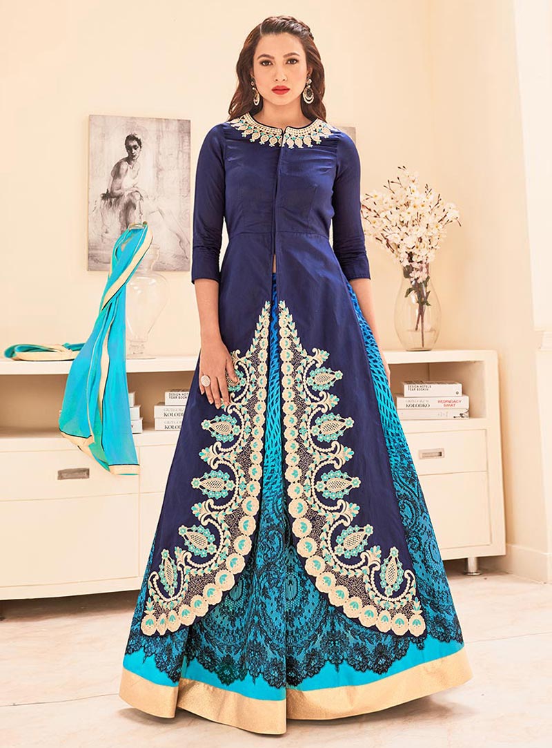 Gauhar Khan Navy Blue Taffeta Silk Lehenga With Jacket Style Choli 85829