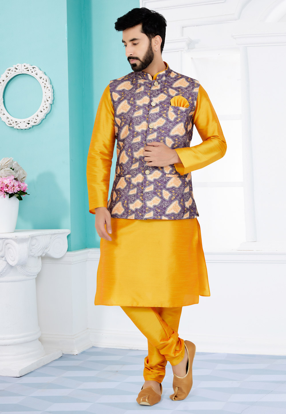 Mustard Banarasi Kurta Pajama With Jacket 269010