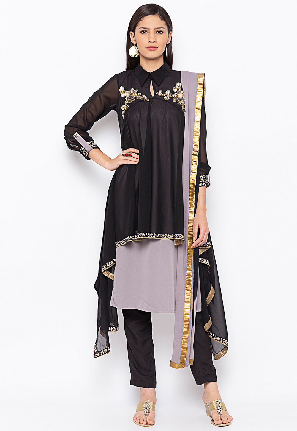 Black Georgette Readymade Pant Style Suit 239428