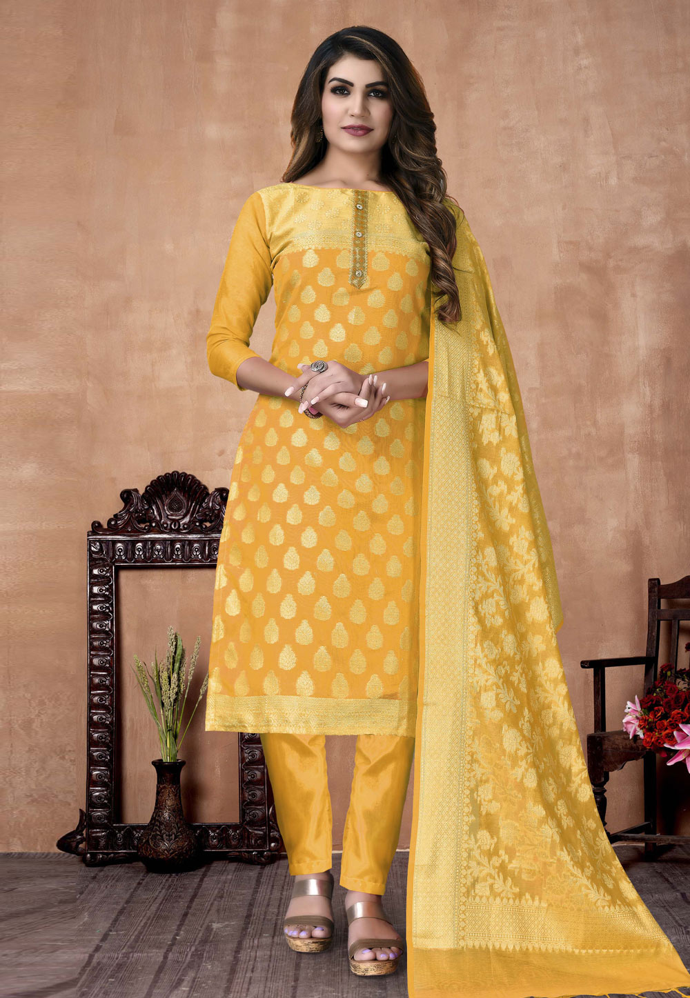 Mustard Banarasi Jacquard Pant Style Suit 246900