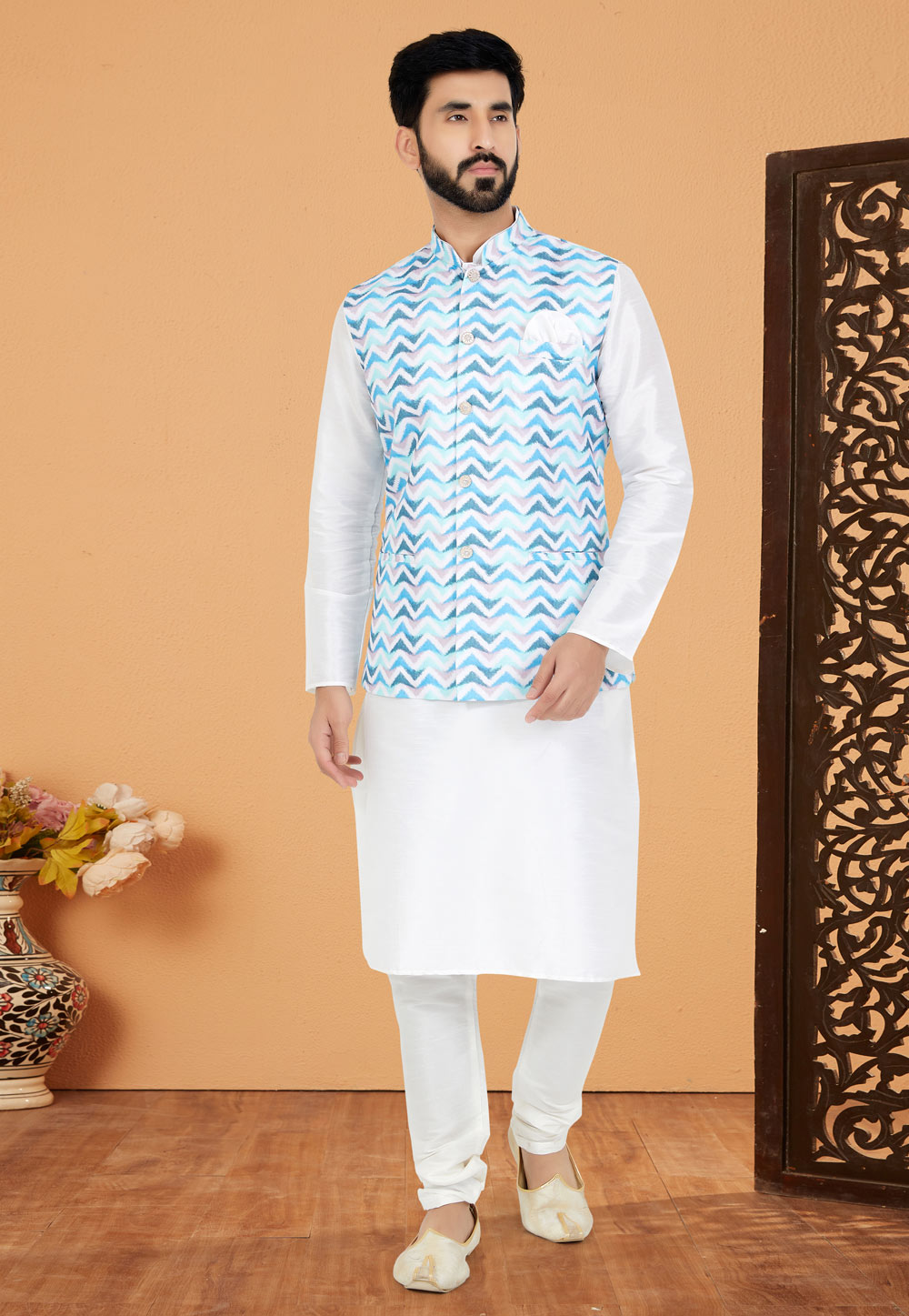 White Banarasi Kurta Pajama With Jacket 269012