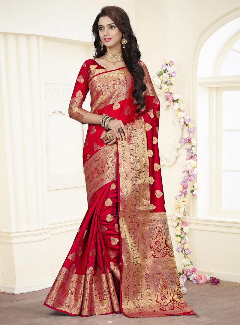 Red Banarasi Silk Saree With Blouse 87472