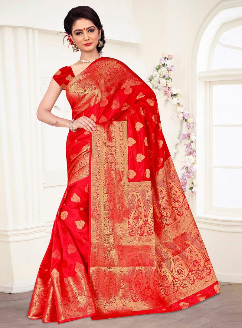 Red Banarasi Silk Engagement Wear Saree 87475