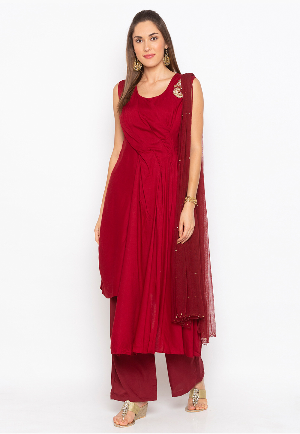 Maroon Cotton Readymade Kameez With Palazzo 246161