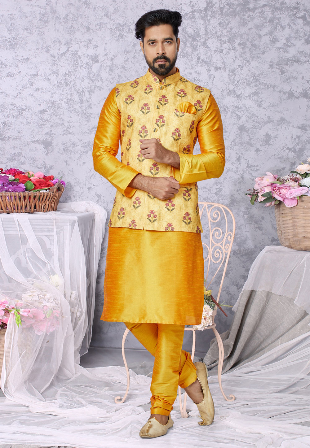 Mustard Banarasi Kurta Pajama With Jacket 269013