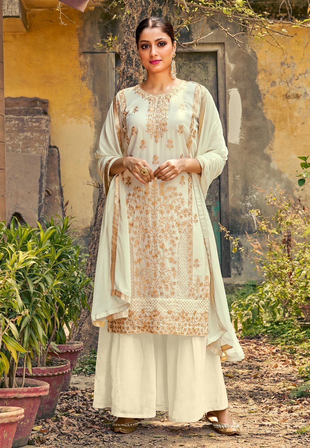 Off White Faux Georgette Sharara Suit 223880