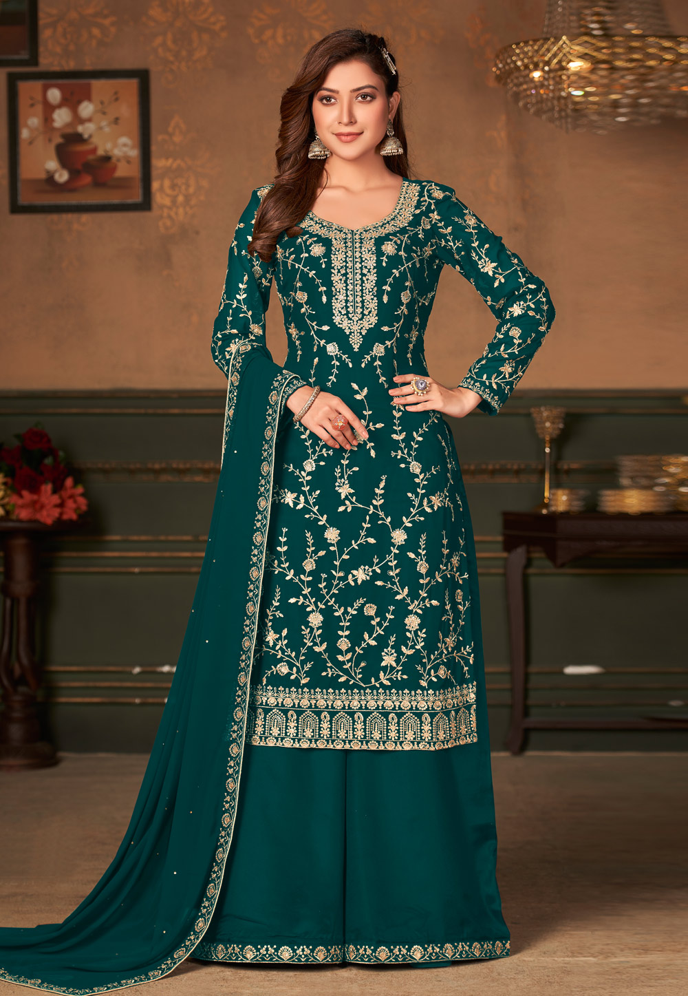 Teal Faux Georgette Palazzo Suit 242619