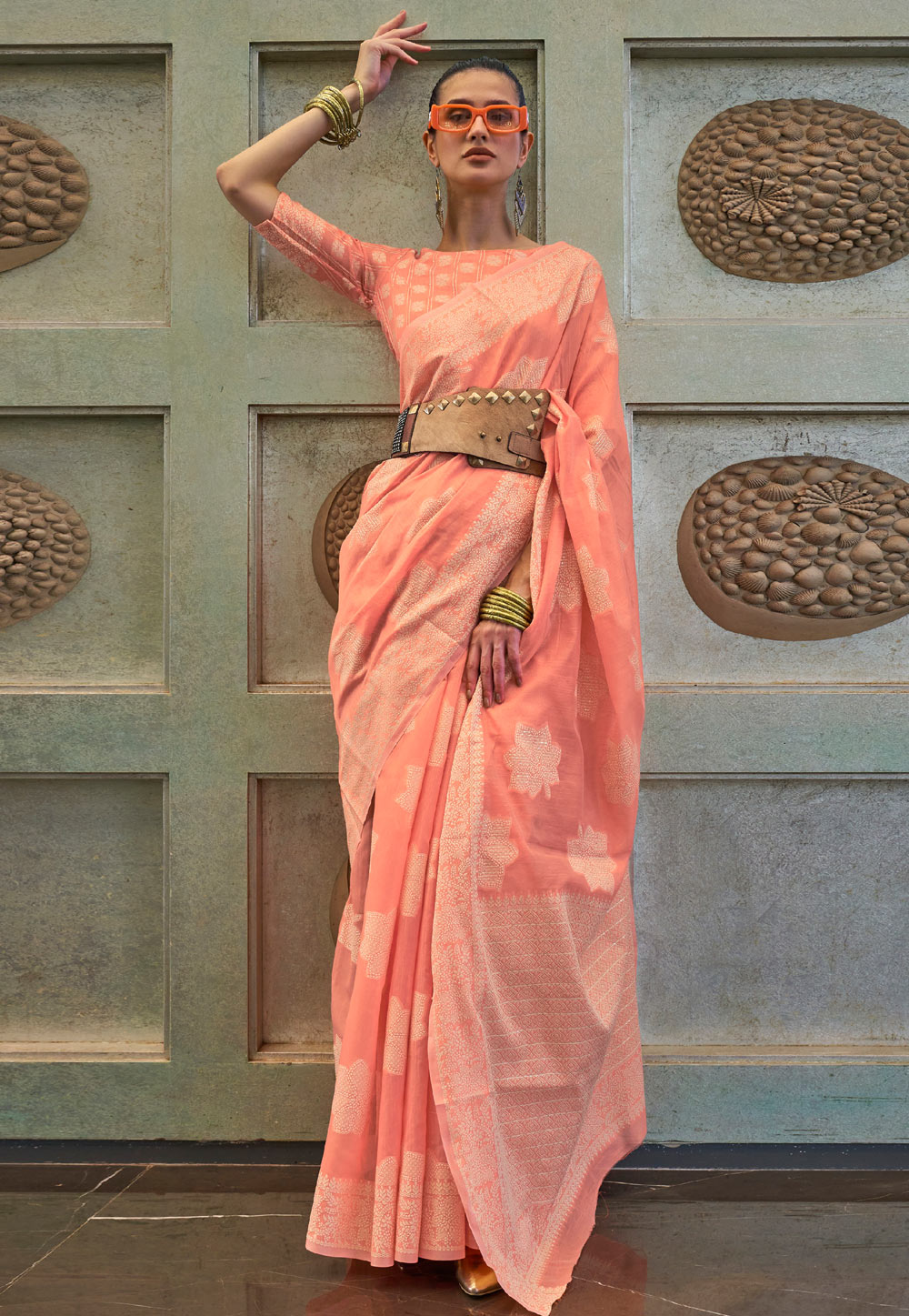 Peach Plain Cotton Saree with Blouse - Loomfolks