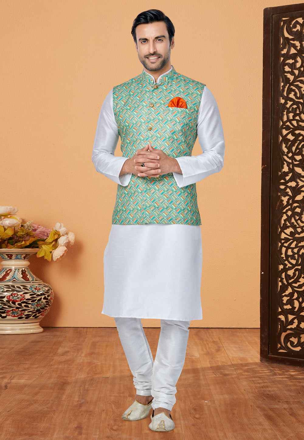 White Banarasi Kurta Pajama With Jacket 269014