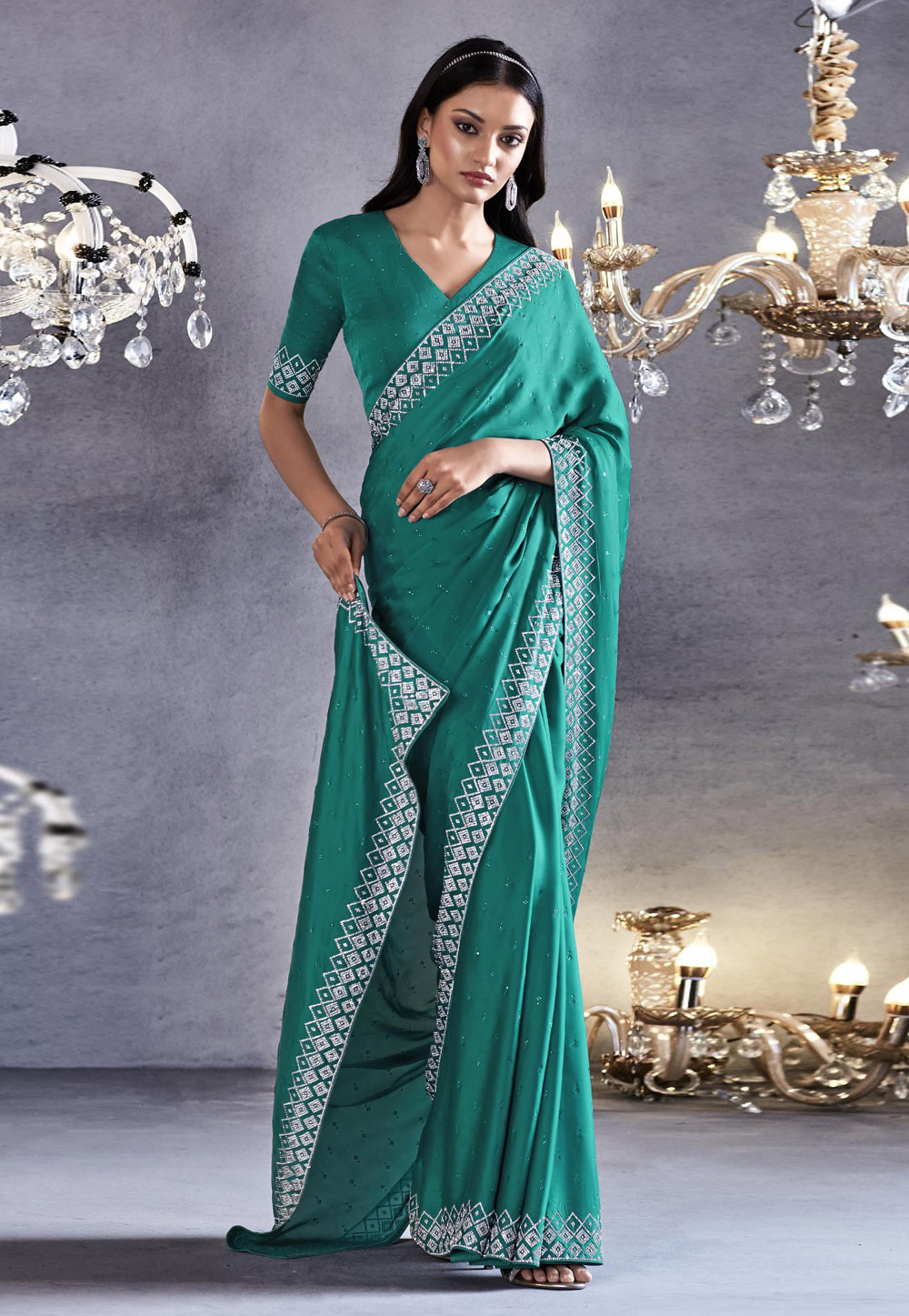 Sea Green Satin Silk Saree With Blouse 275208