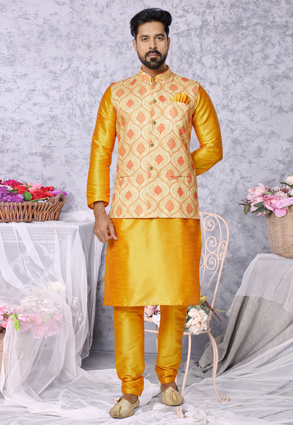 Mustard Banarasi Kurta Pajama With Jacket 269015