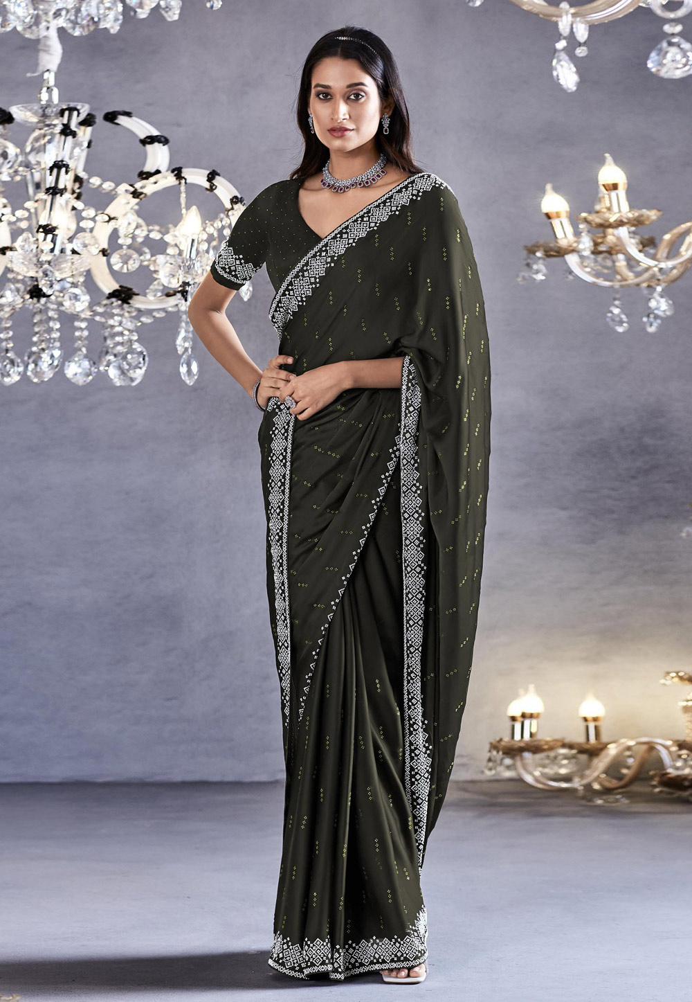 Mehndi Satin Silk Saree With Blouse 275209